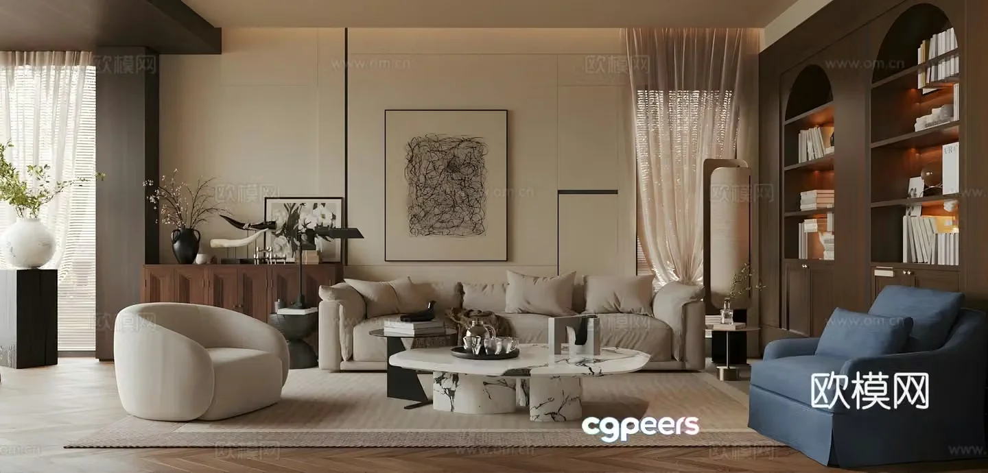 Medium style living room Retro style living room No owner light living room Fabric sofa Medium style sofa coffee table 3D model