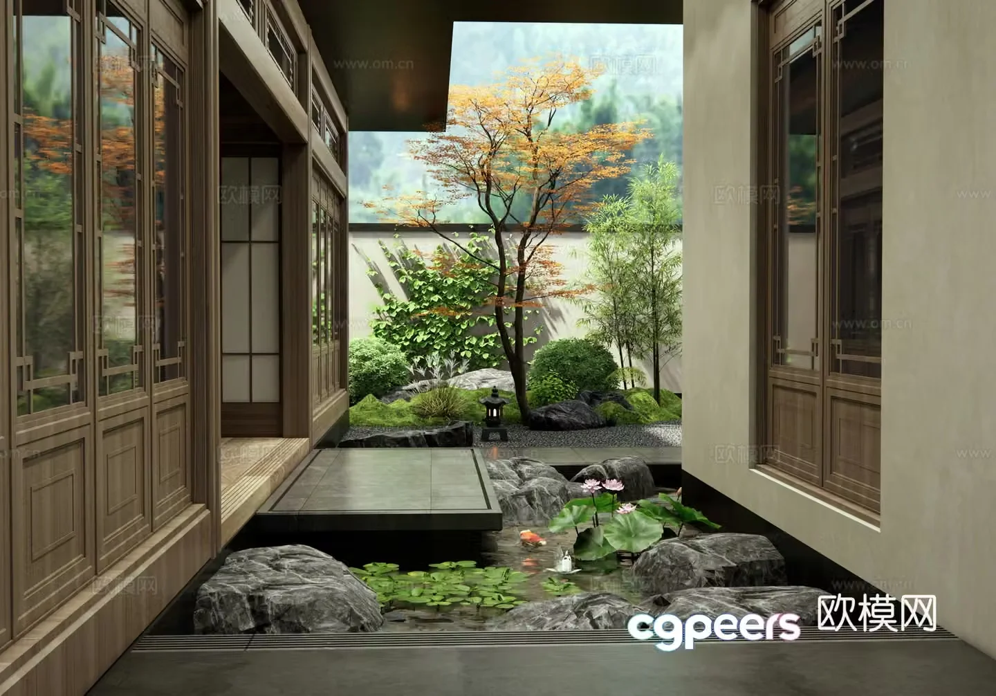 New Chinese style courtyard landscape waterscape landscape stone lotus aquatic plants plant landscaping 3D model