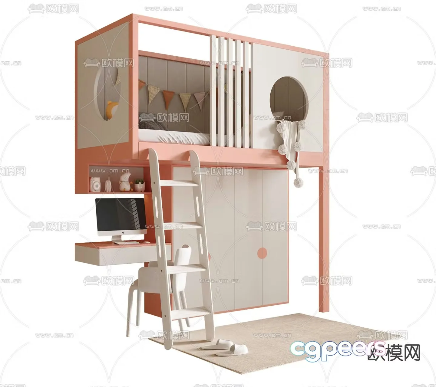 Children’s bed upper bed and lower table 3D model