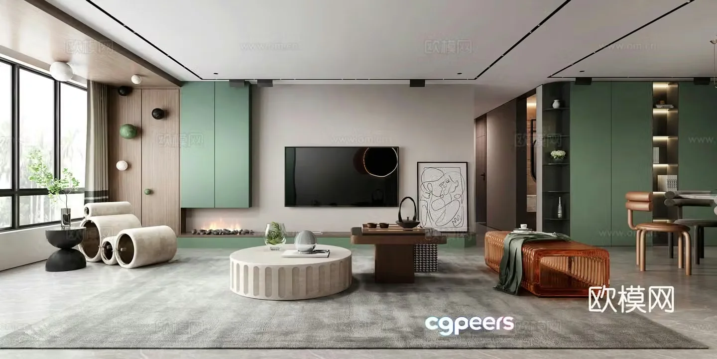 Modern living and dining room leisure chair lounge chair TV background wall coffee table light luxury fireplace 3d model