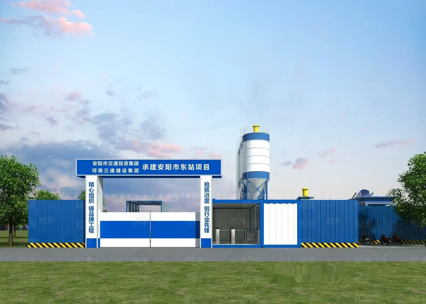 A Large Blue And White Building With A Water Tower 3D Model – 572 – VRAY Render