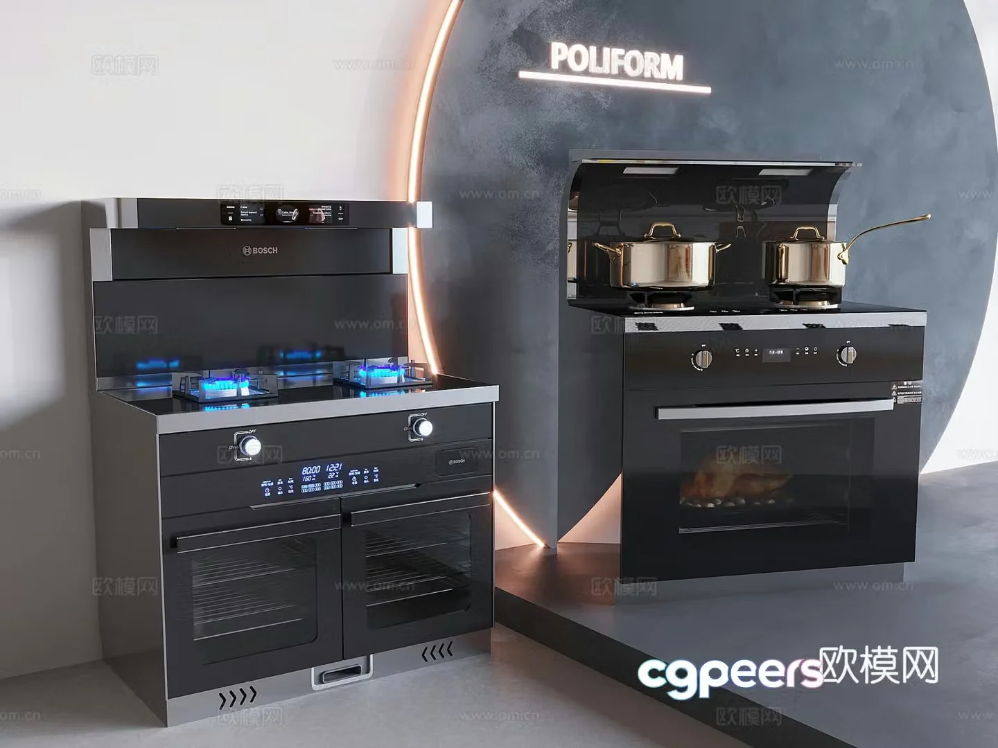 Footer hood stove with integrated stove kitchen steamer oven gas cooker 3D model