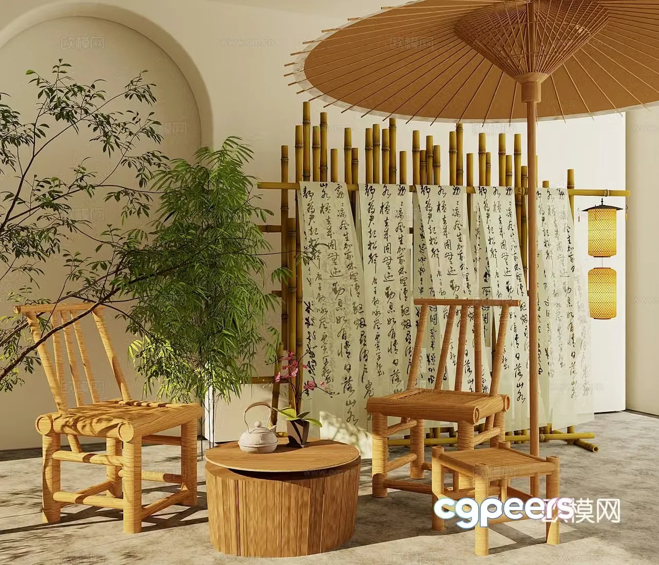 New Chinese style other chairs outdoor rattan chairs bamboo fence oil paper umbrella lantern 3d model