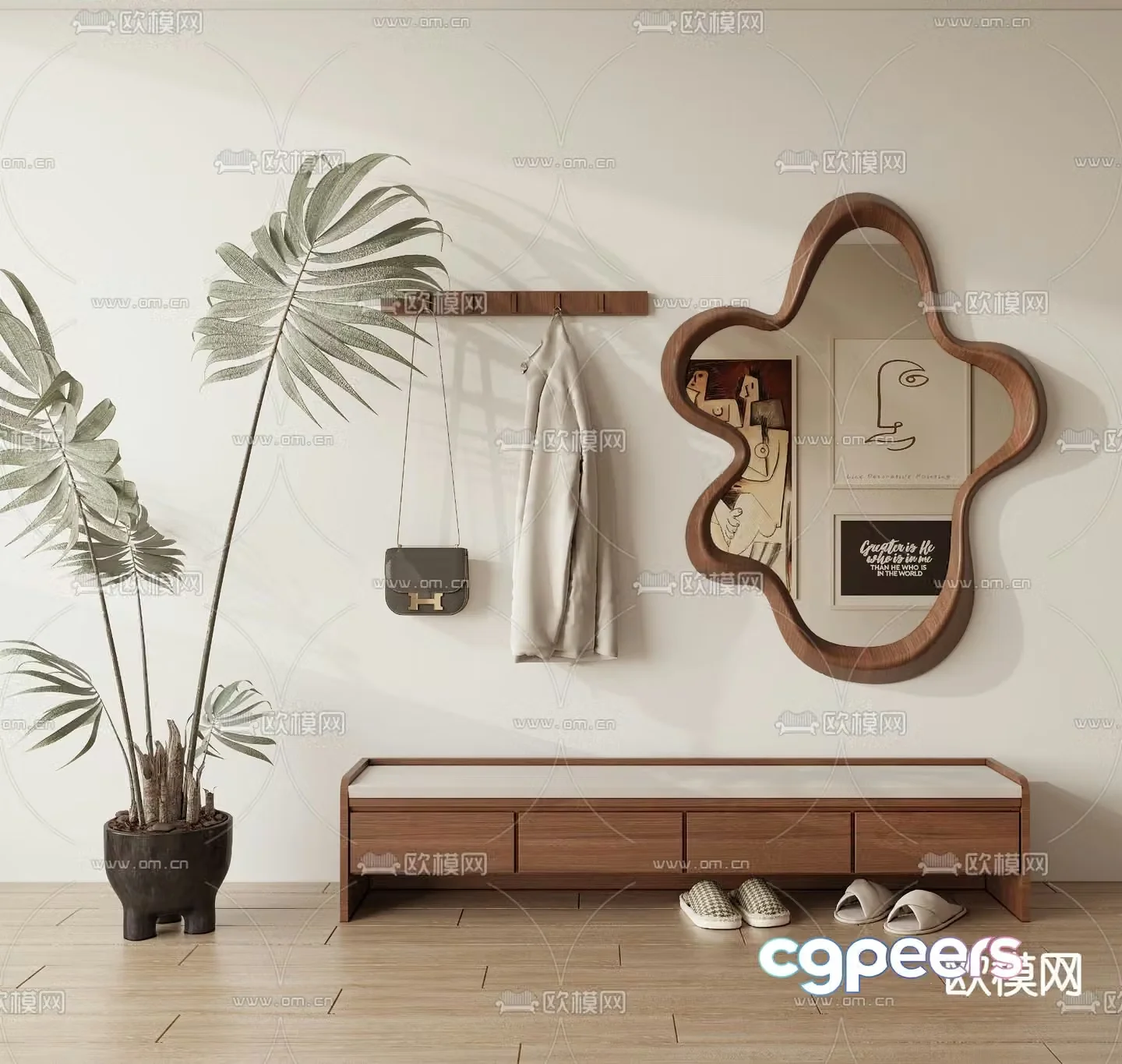 Wabi-sabi stool bench full-length mirror clothes rail shoe-changing stool 3D model