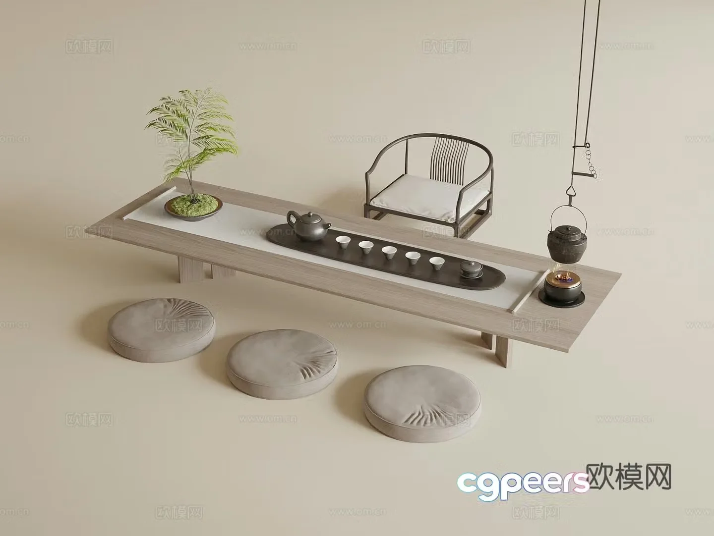 New Chinese-style tatami tea table and chairs tea sets cushions tatami tea room hanging teapot 3D model