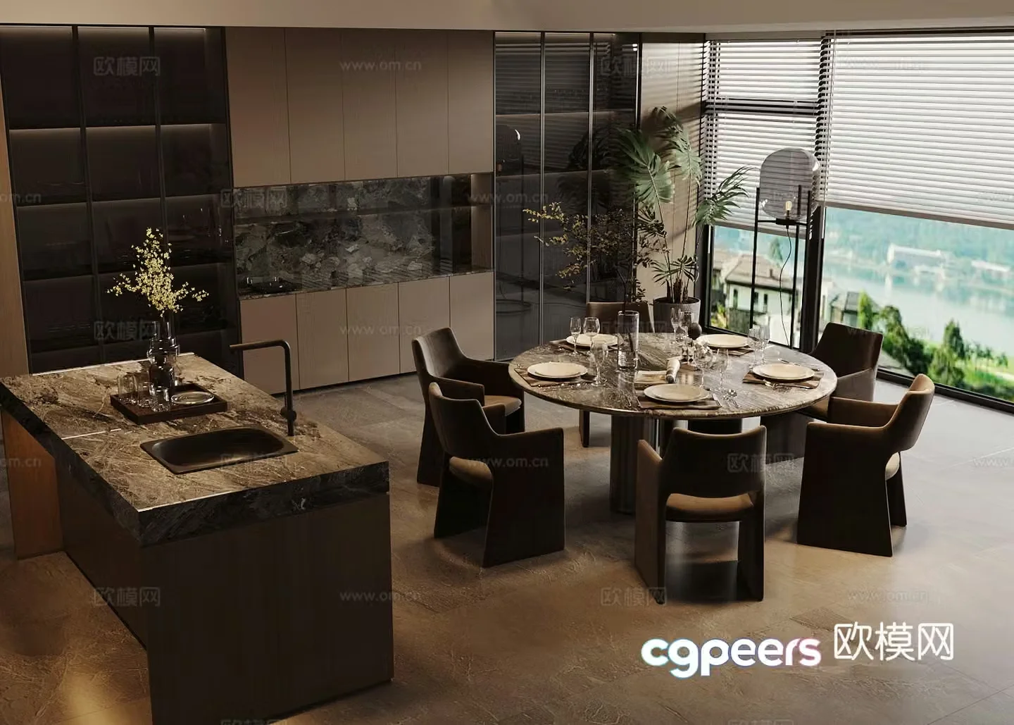 Modern Italian home restaurant Light luxury Italian restaurant Round table restaurant Island restaurant Black white and gray 3D model
