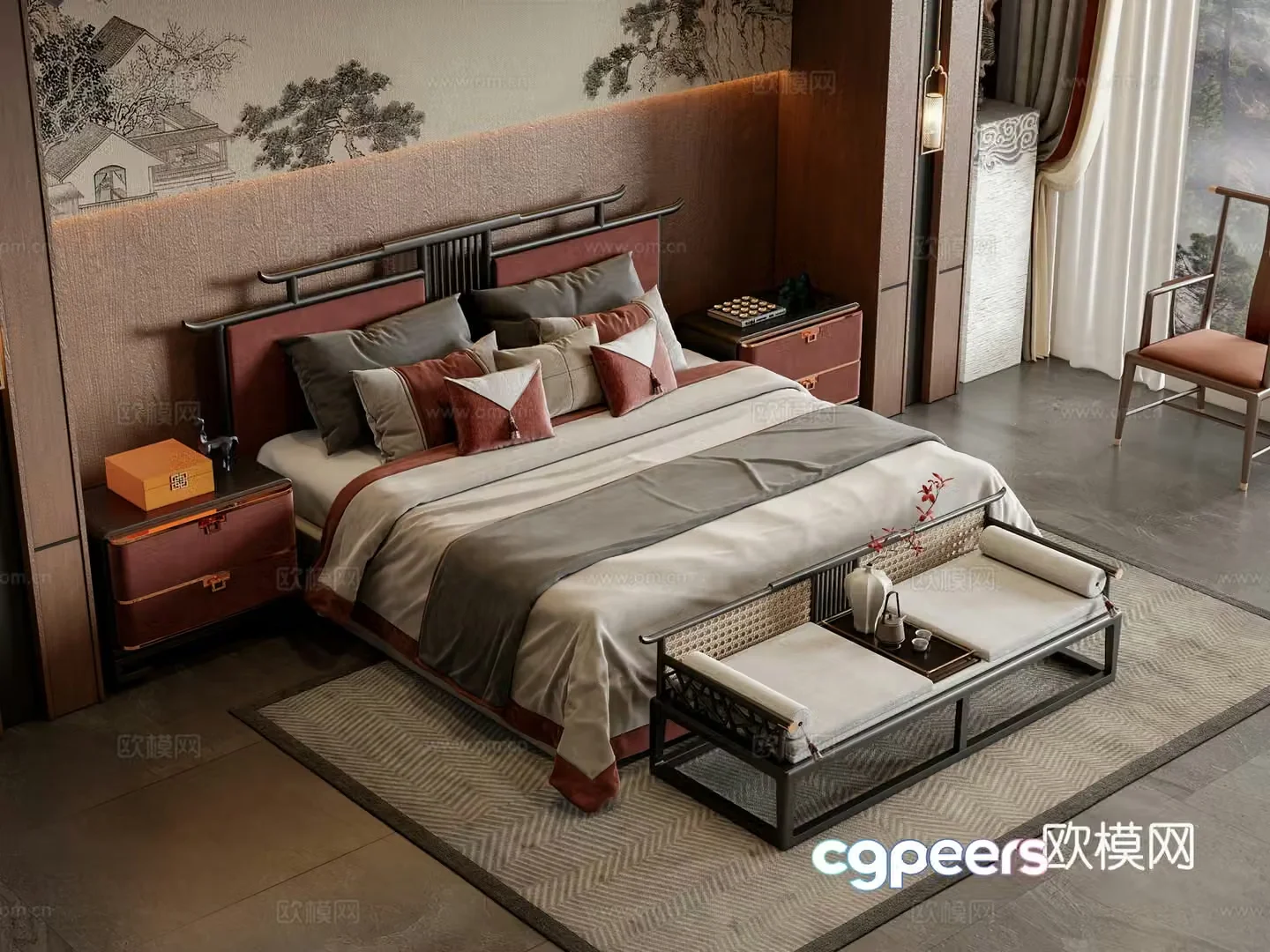 New Chinese style double bed 3D model