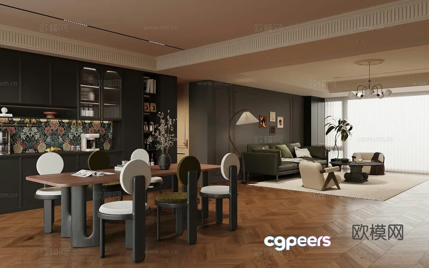 French living room dining room dining table chair wine cabinet sofa coffee table combination 3D model