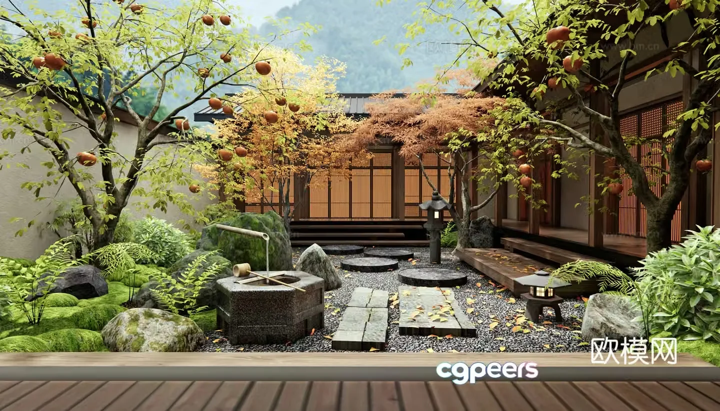 New Chinese Zen courtyard landscape Persimmon tree Dead landscape stone slab step waterscape plant combination 3D model