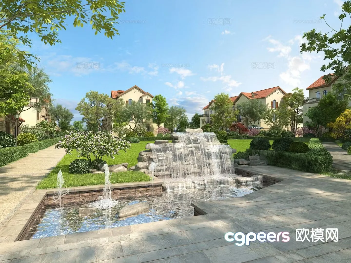 European garden landscape overlapping water landscape fountain water feature 3D model