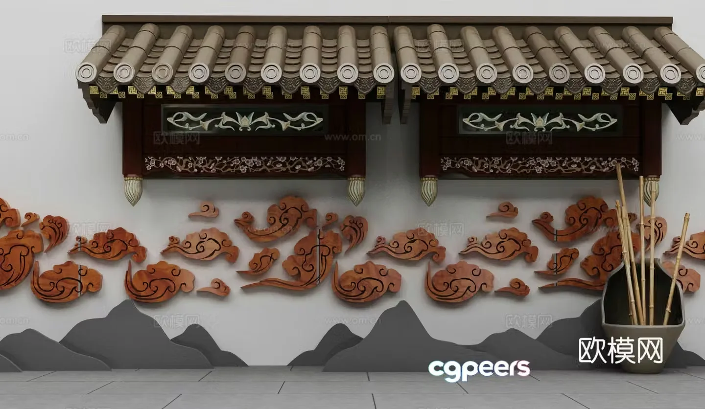 Ancient building ornament door head combination 3D model
