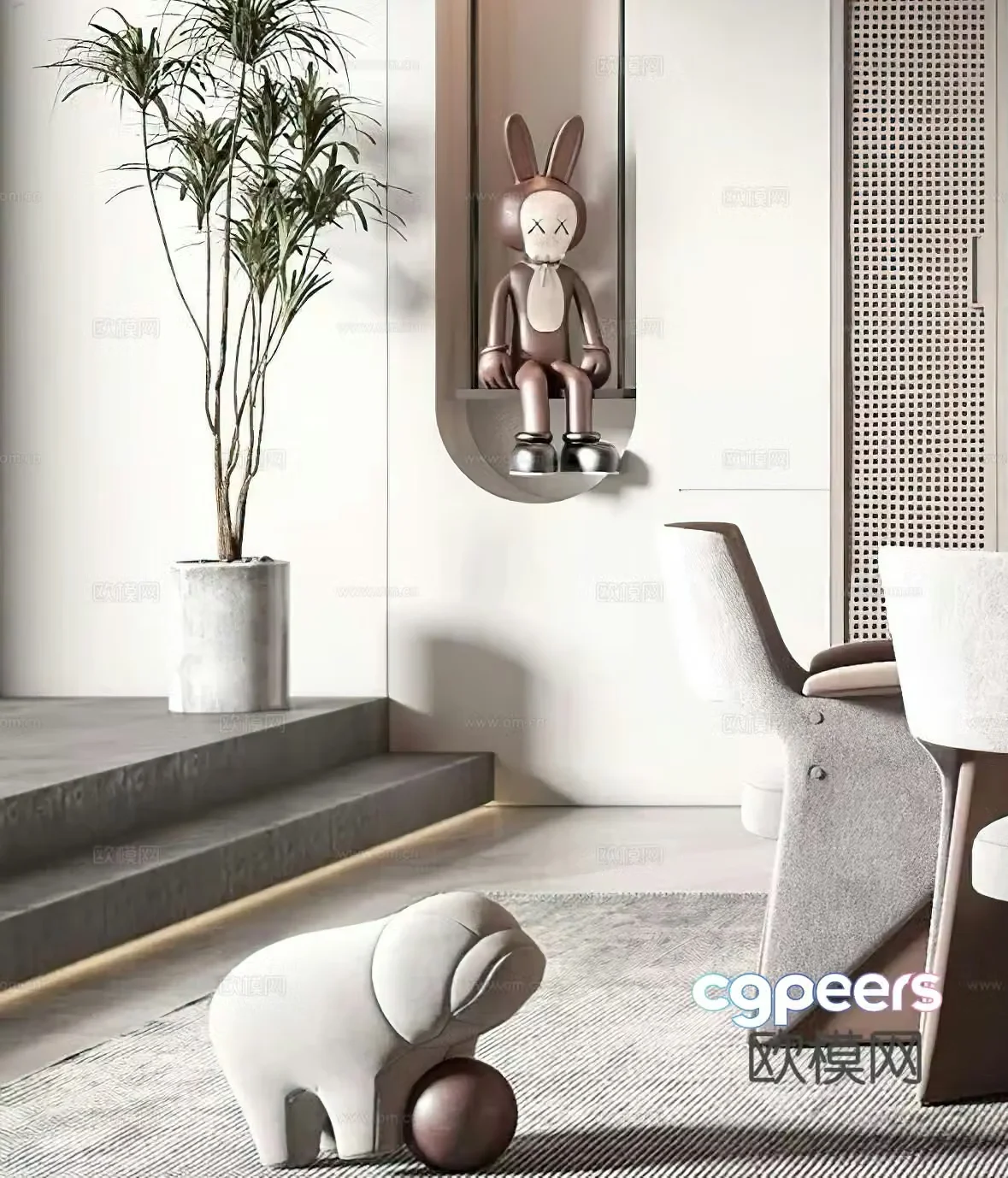 Modern porch opposite wall ornament decoration sculpture potted plant leisure chair aisle 3d model