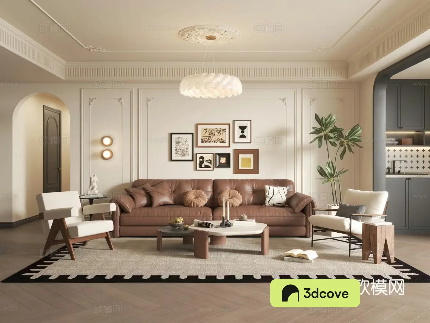 French medieval home living room sofa coffee table combination leather sofa French hanging painting French chandelier