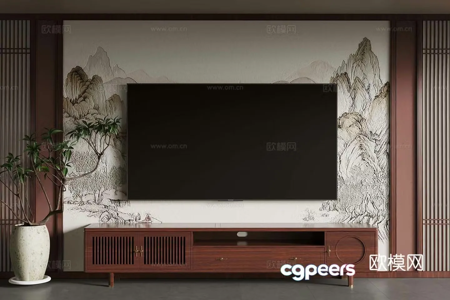06 New Chinese TV Cabinet TV Background Wall 3D Model