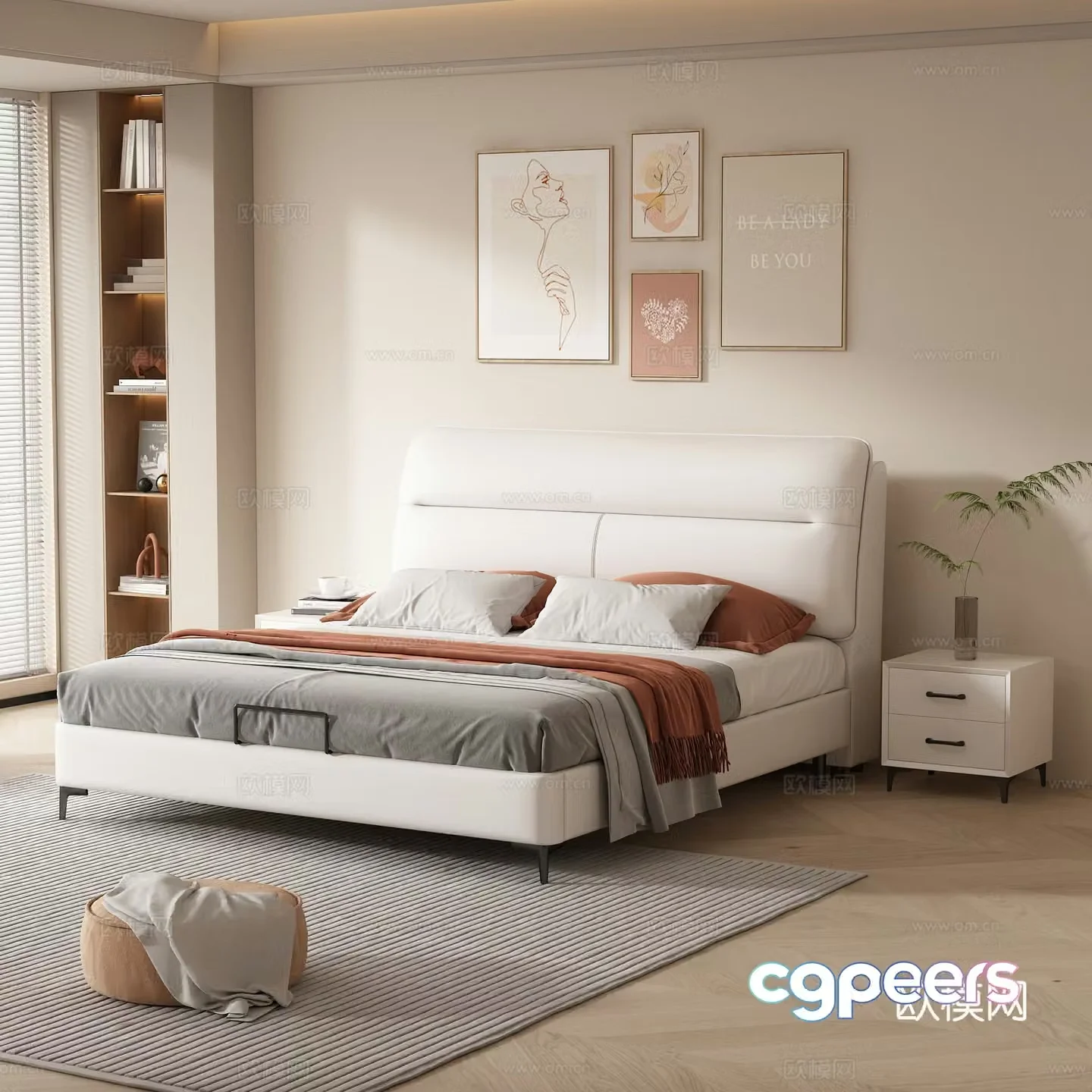 Double bed leather soft bag double bed light luxury master bedroom bed Italian minimalist leather bed bedroom 3d model