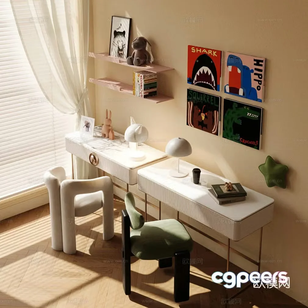 Modern children’s desk and chairs desk and chair combination 3D model