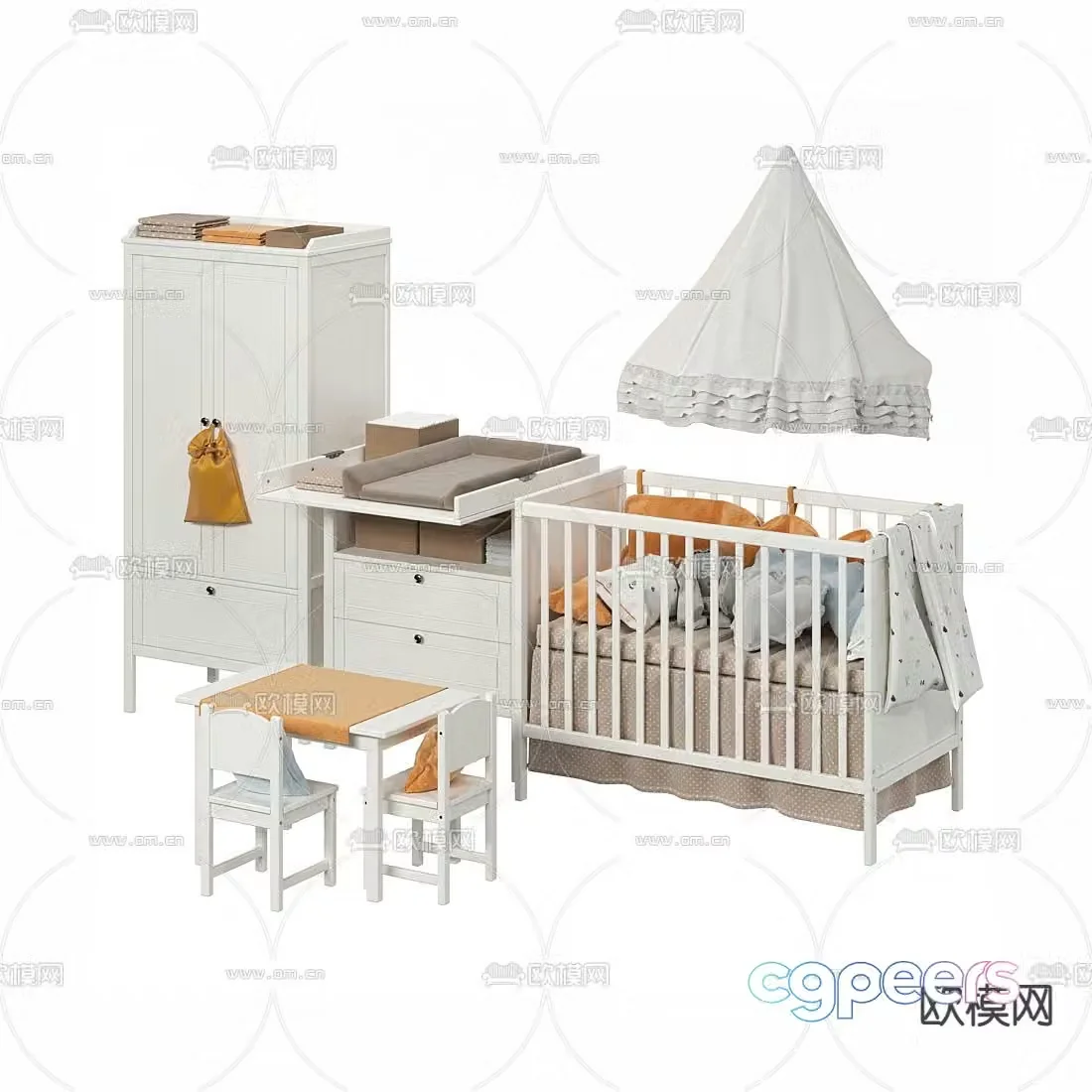 Modern children’s table and chair crib 3d model
