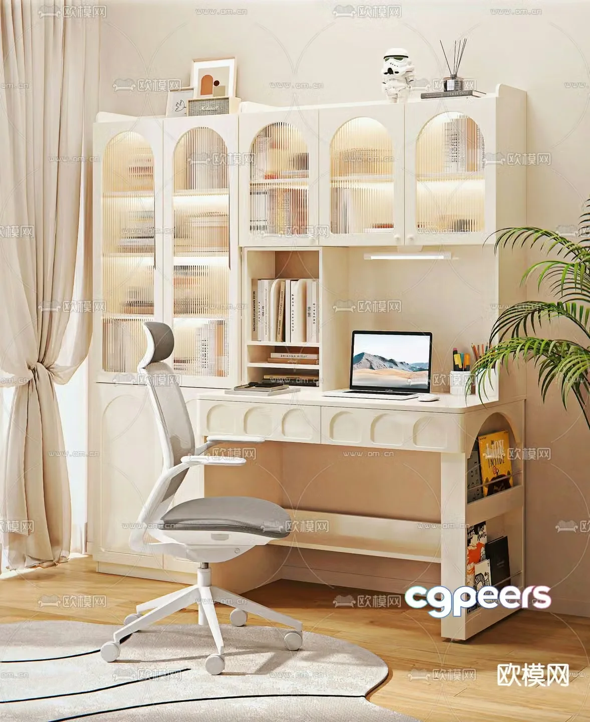 Cream style desk computer chair study table 3d model