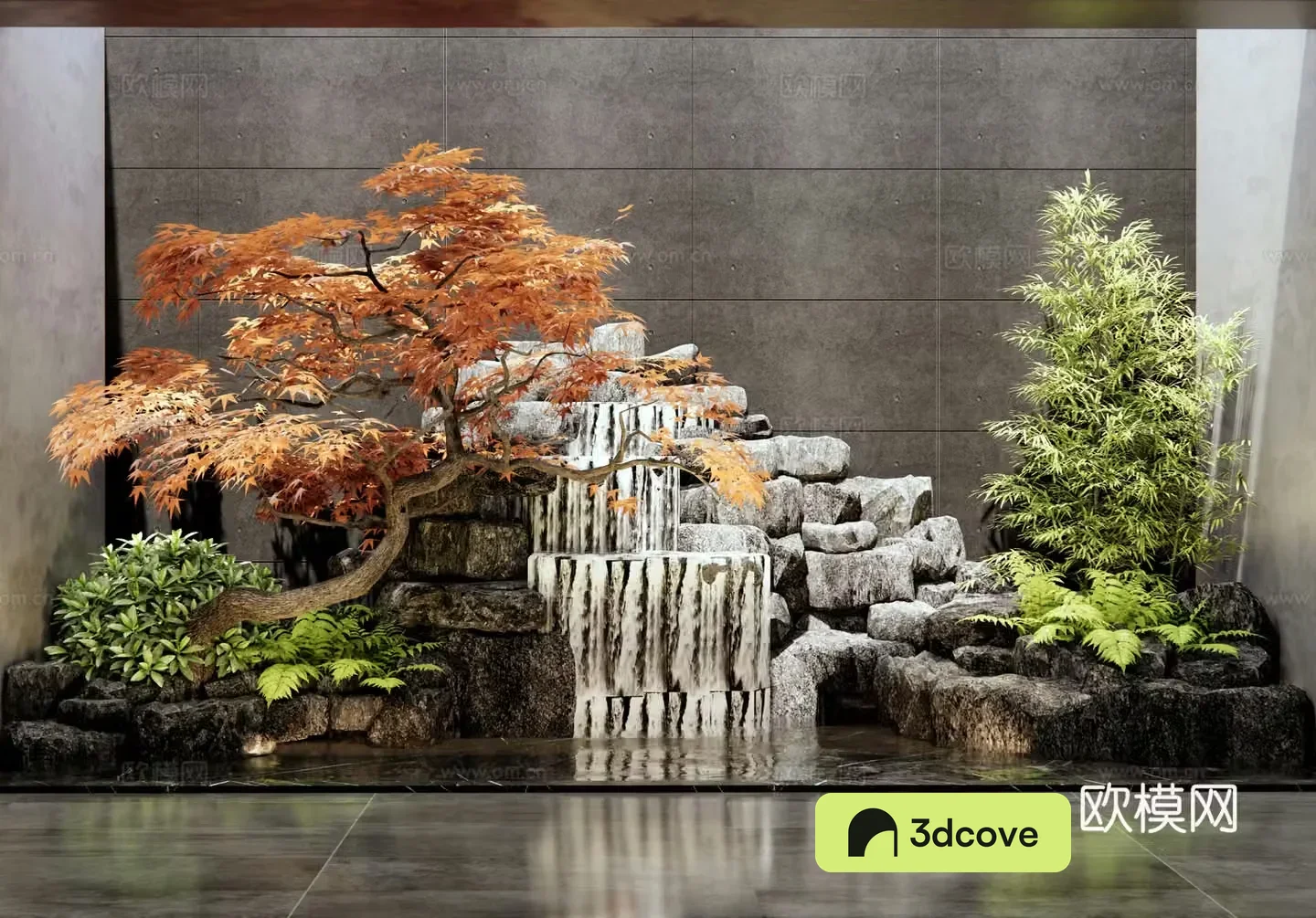 New Chinese style rockery waterscape interior landscape sketch stone patio landscape courtyard sketch red maple