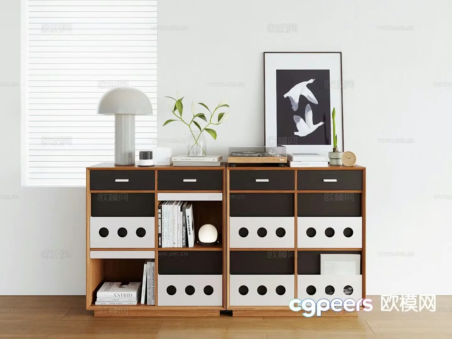 Medieval style Bauhaus four-compartment cabinet bookcase low cabinet 3D model