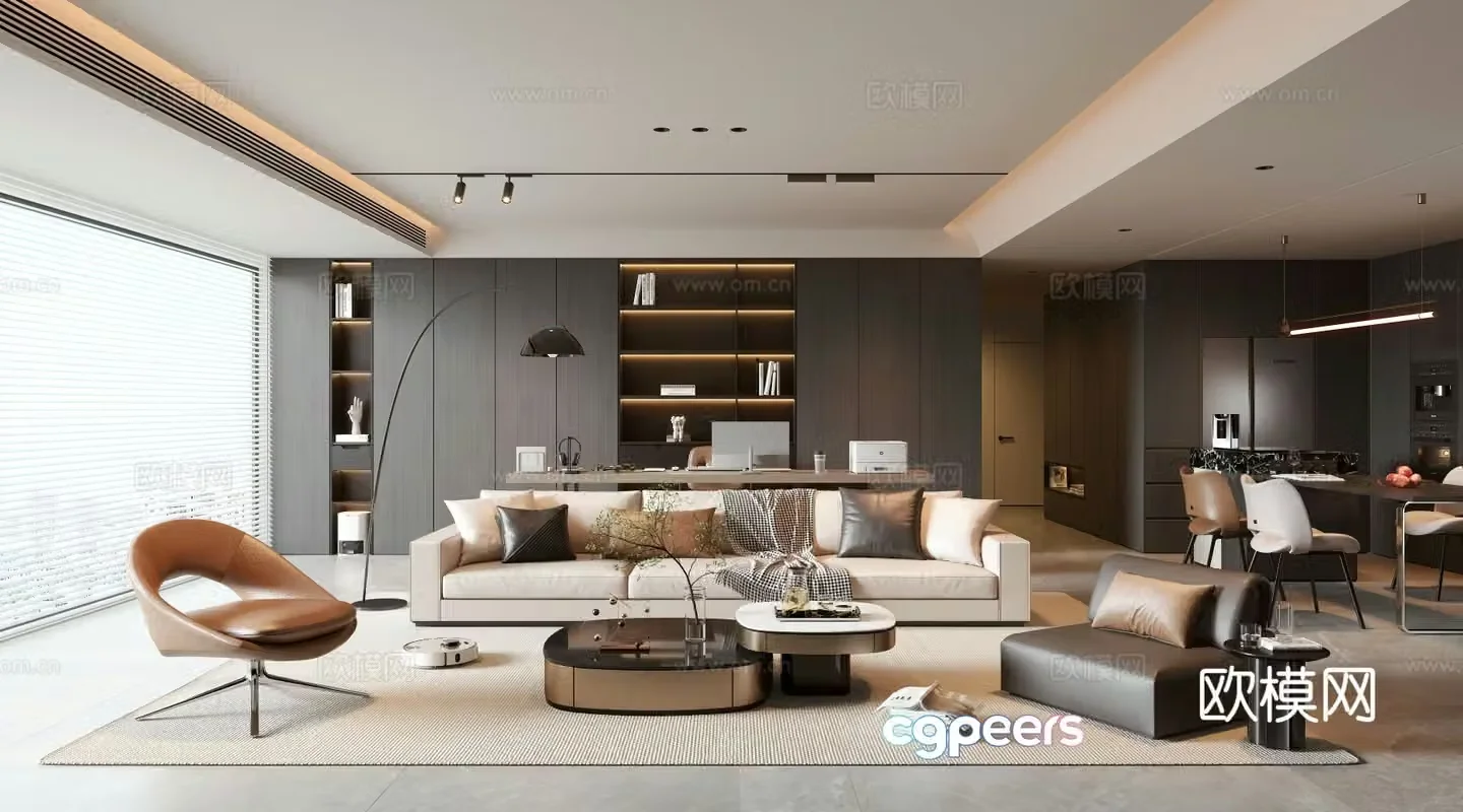 Modern living and dining room 3d model
