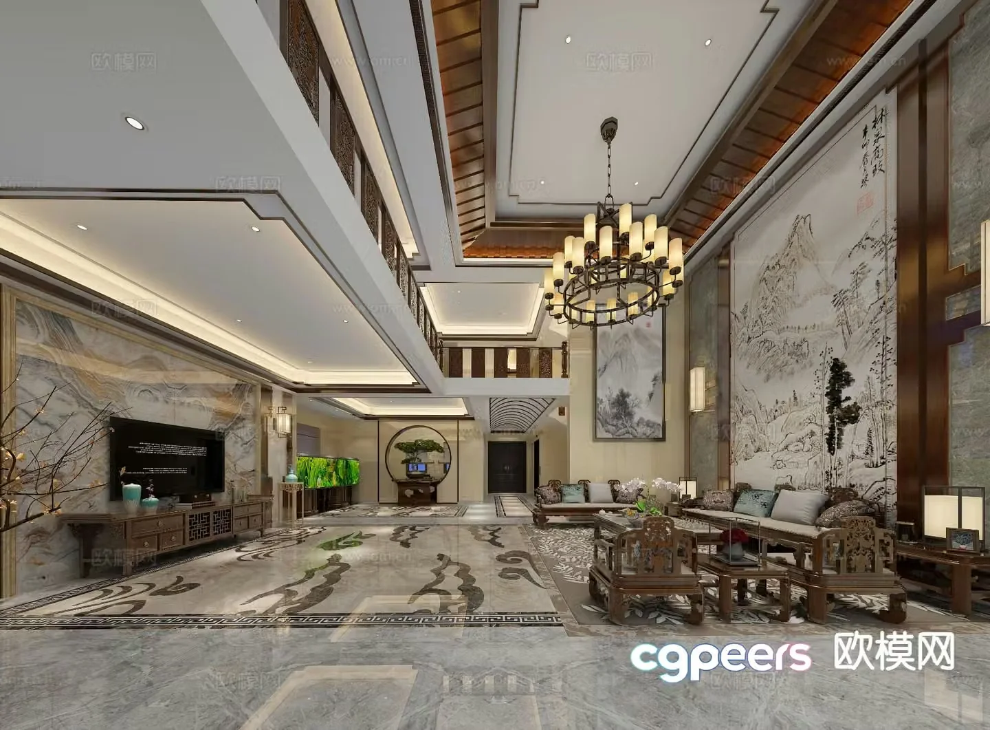 Traditional Chinese living room villa lobby 3D model