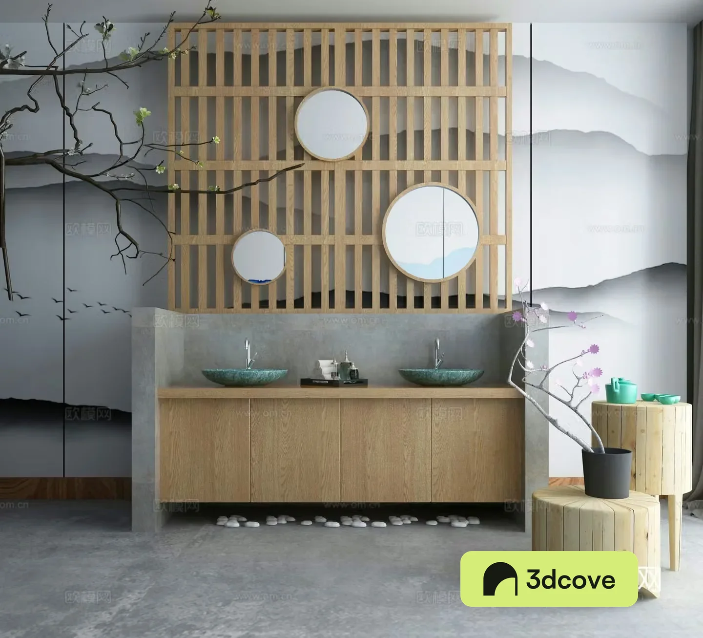 New Chinese style room women’s bathroom washbasin cabinet combination bathroom partition old wood coffee table