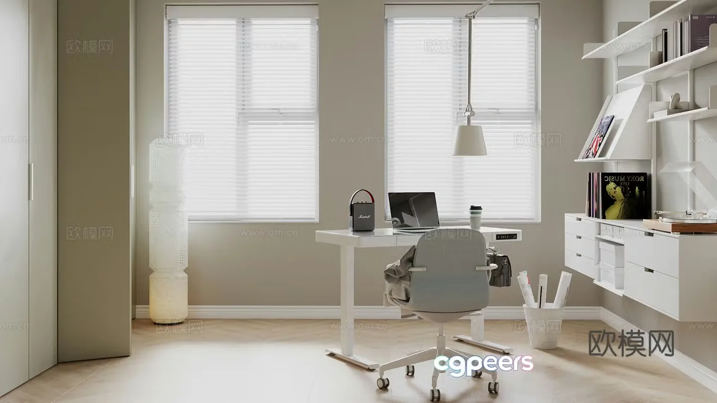 Study room electric lifting desk office chair open bookcase 3d model