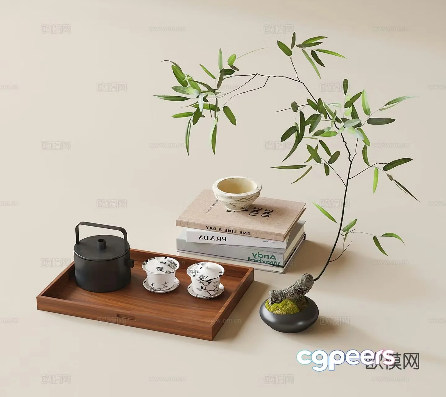 New Chinese style decorations tableware tea sets books 3D model