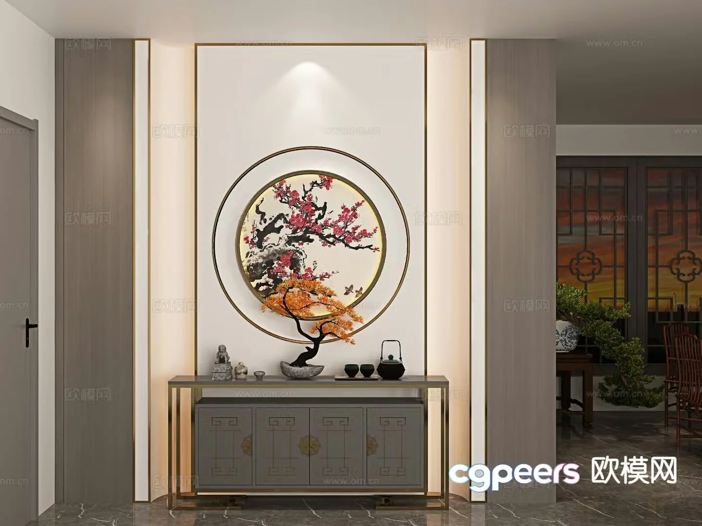 New Chinese style entrance desk background wall end view desk 3D model