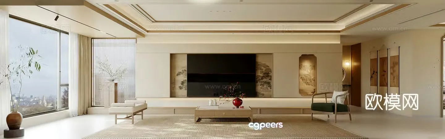 Song style living room TV background wall sofa coffee table combination 3D model