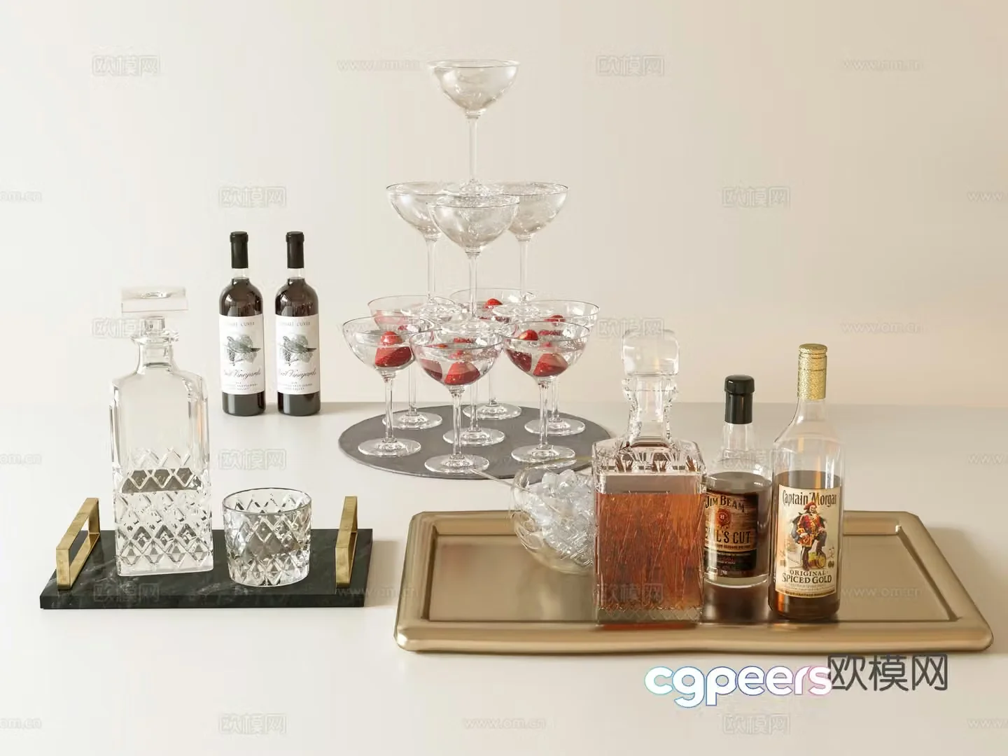 Red wine tray liquor wine wine bottle wine glass 3D model