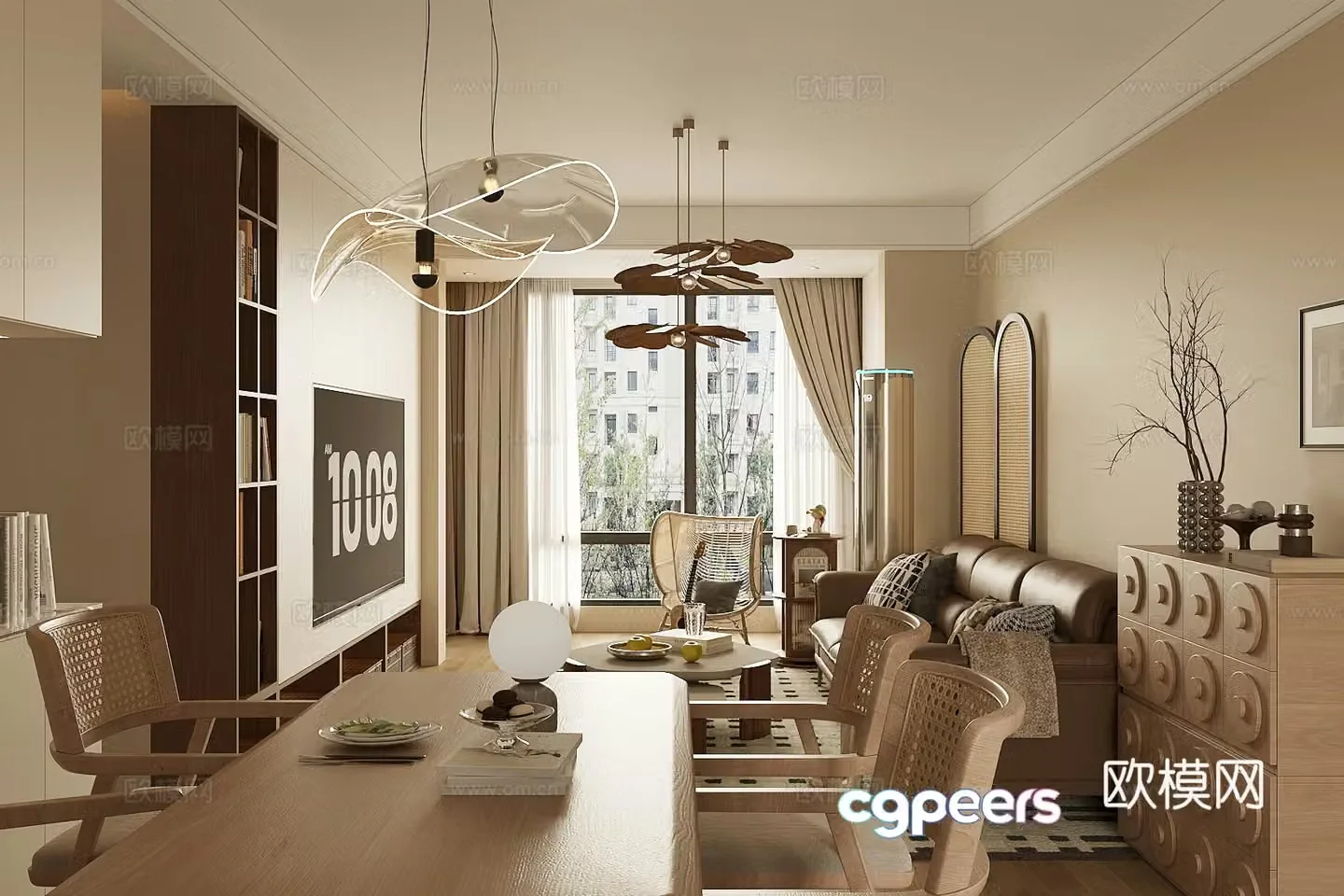 Middle style living room large flat floor living room sofa and coffee table combination middle style dining table and chair 3D model