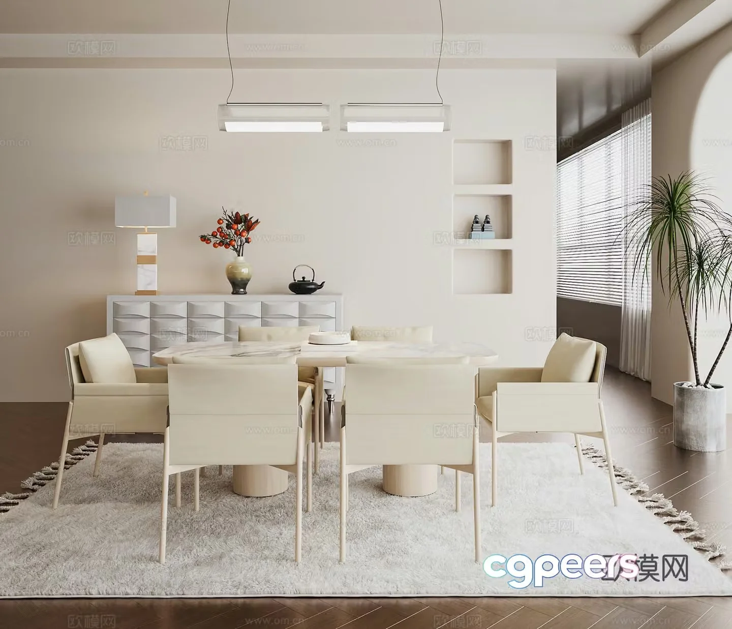 Creamy restaurant dining table combination sideboard carpet 3d model