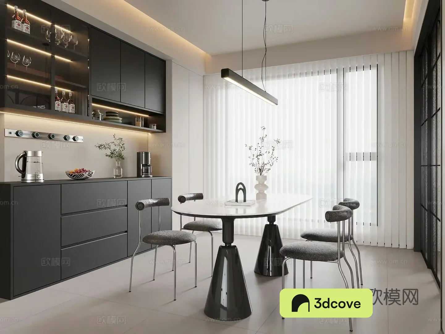 Restaurant Modern minimalist restaurant Wine cabinet Side cabinet Dining table and chair combination Black and white restaurant