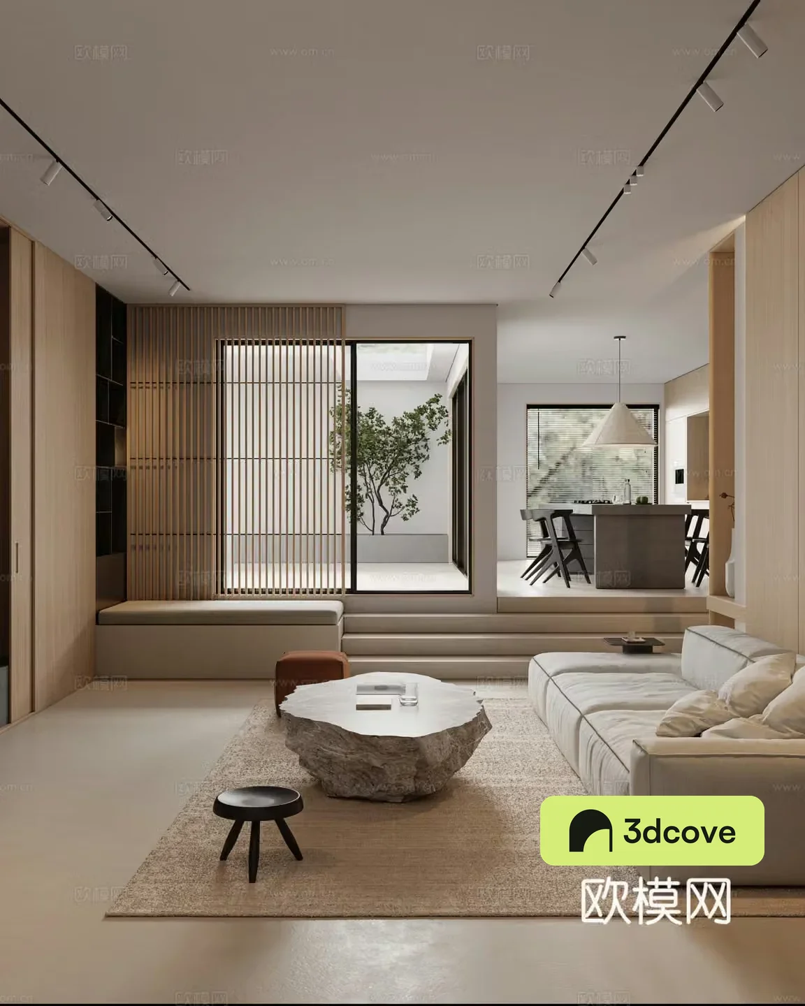Log minimalist living and dining room