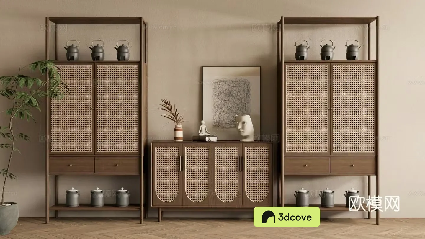 New Chinese style Zen archaeological shelf entrance cabinet rattan cabinet
