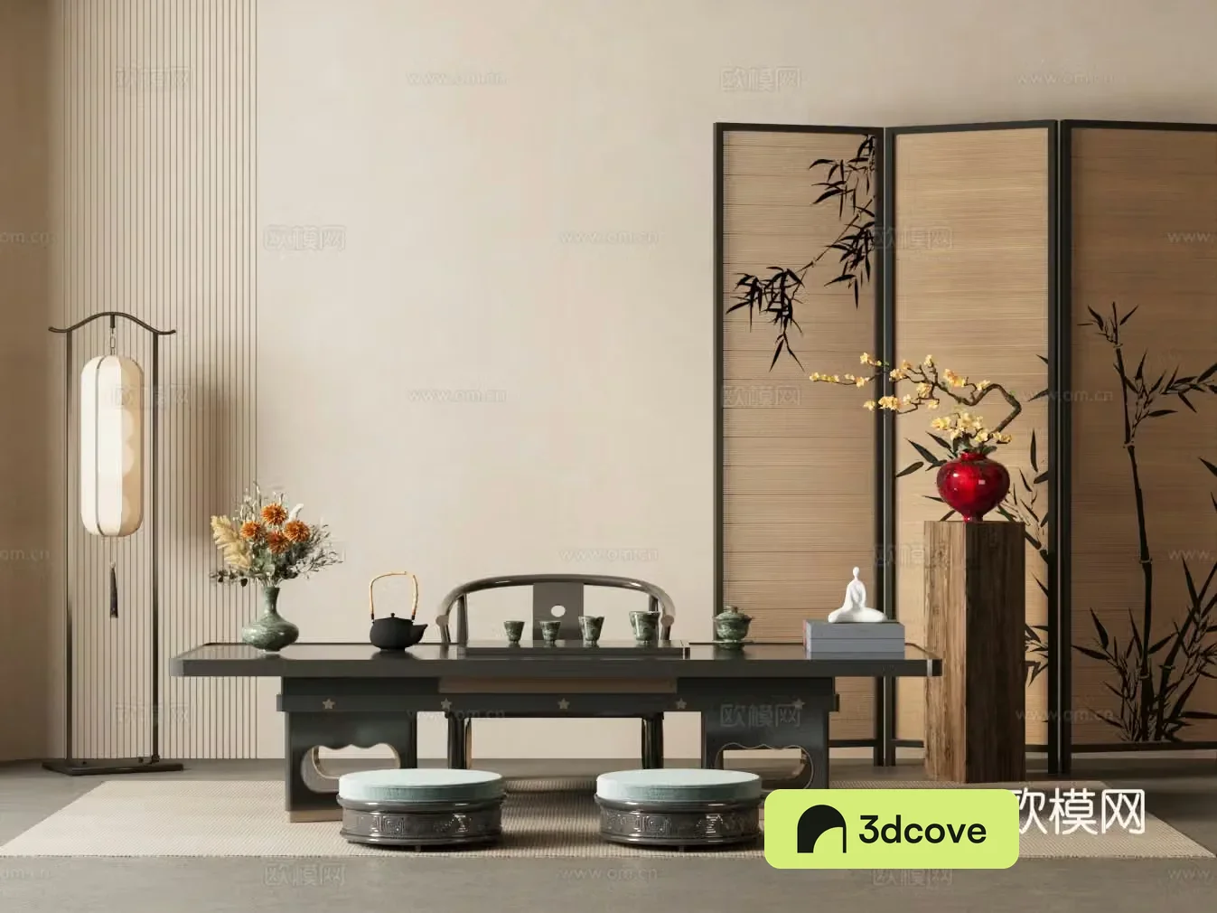 New Chinese-style tea room Tatami tea room Folding screen Floor lamp Floral ornament