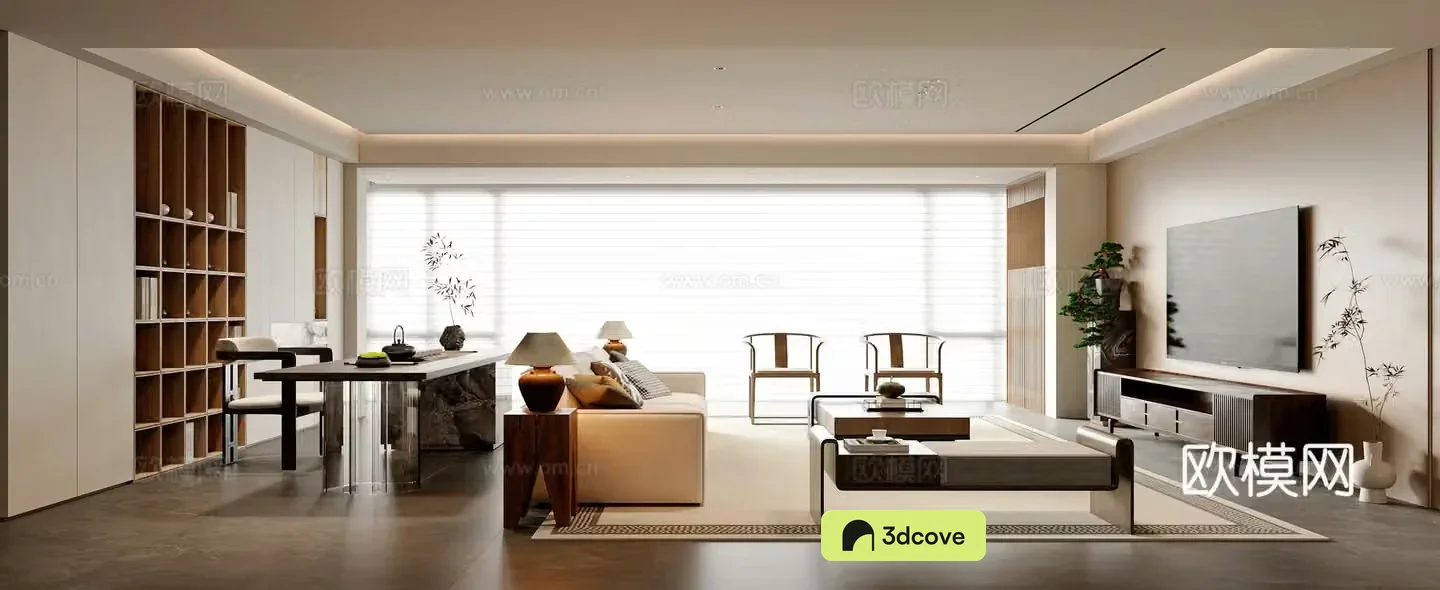 New Chinese living room New Chinese tea room Sofa tea table combination Bookcase Leisure chair Tea table chair