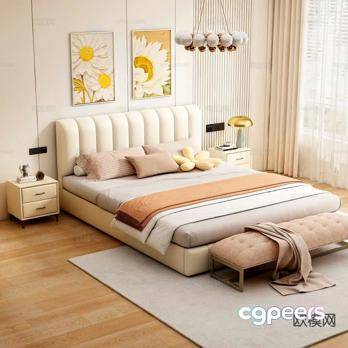Modern leather bed double bed 3d model