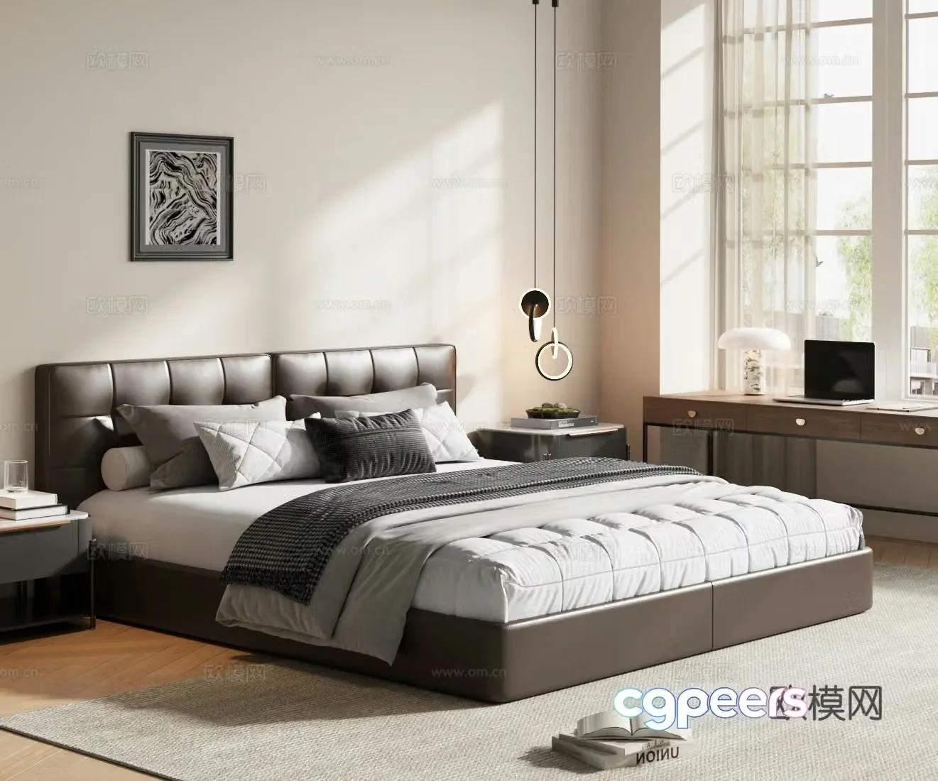 Middle-aged double bed Brown leather bed Leather bed Black bed Middle-aged master bedroom Bedroom bed 3D model
