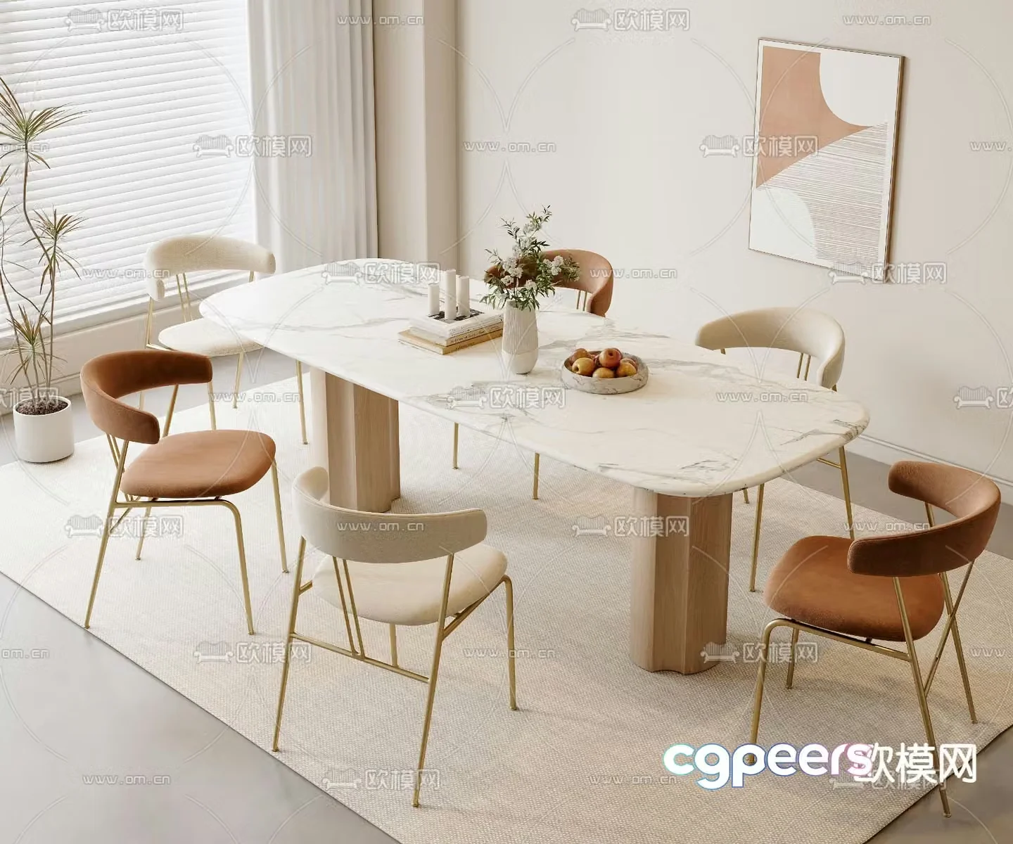 Creamy dining table and chair 3d model