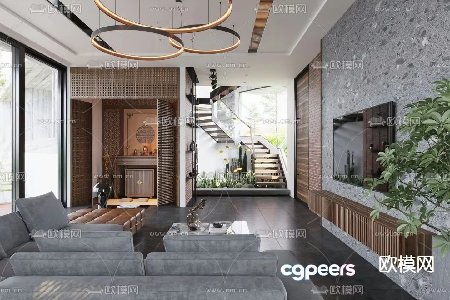 Modern living and dining room villa living room 3d model