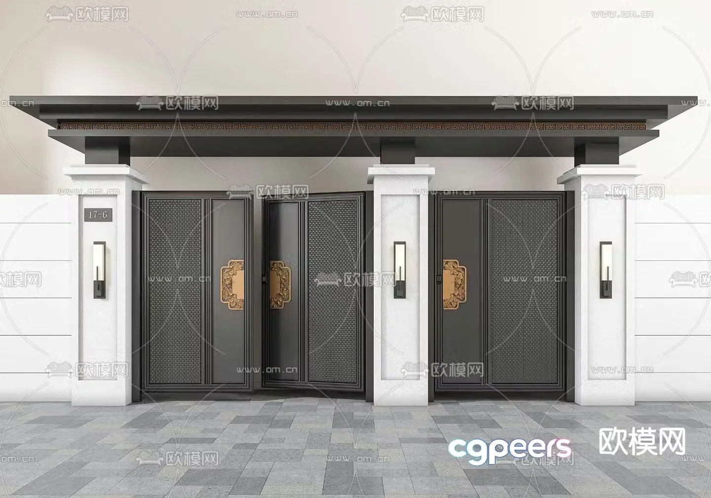 Chinese style courtyard door yard door double door 3D model