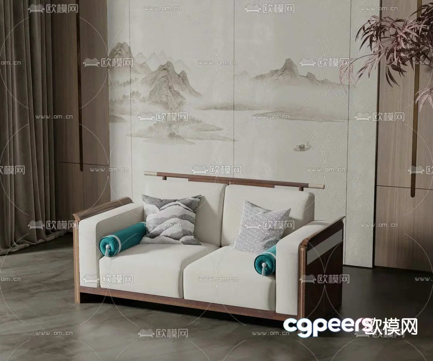 New Chinese style double sofa 3D model