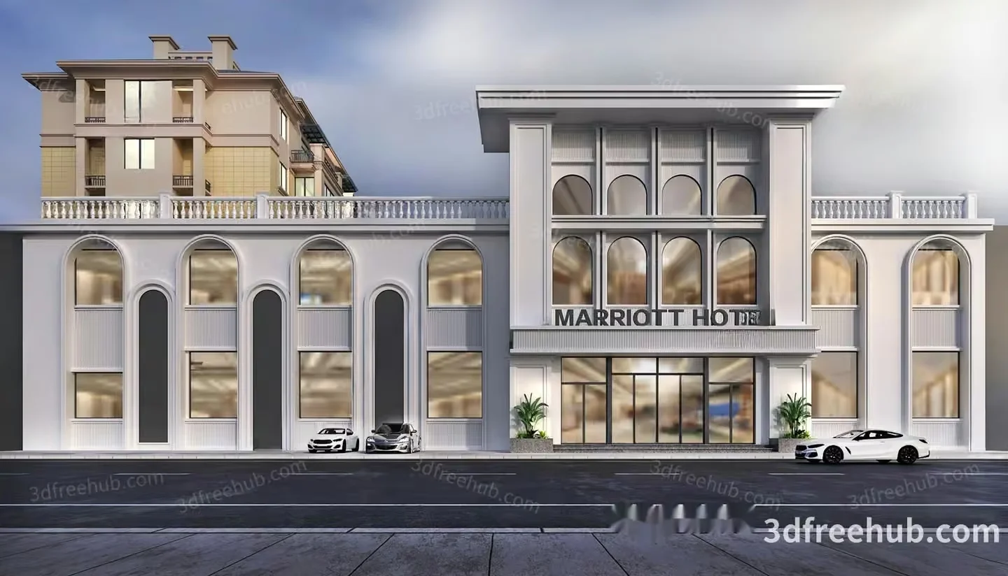 A Marriott Hotel Building With Cars Parked In Front 3D Model – 20779 – VRAY Render