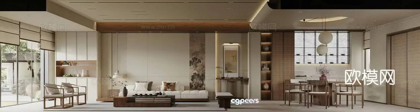 Song style Zen new Chinese style living and dining room sofa background 3d model