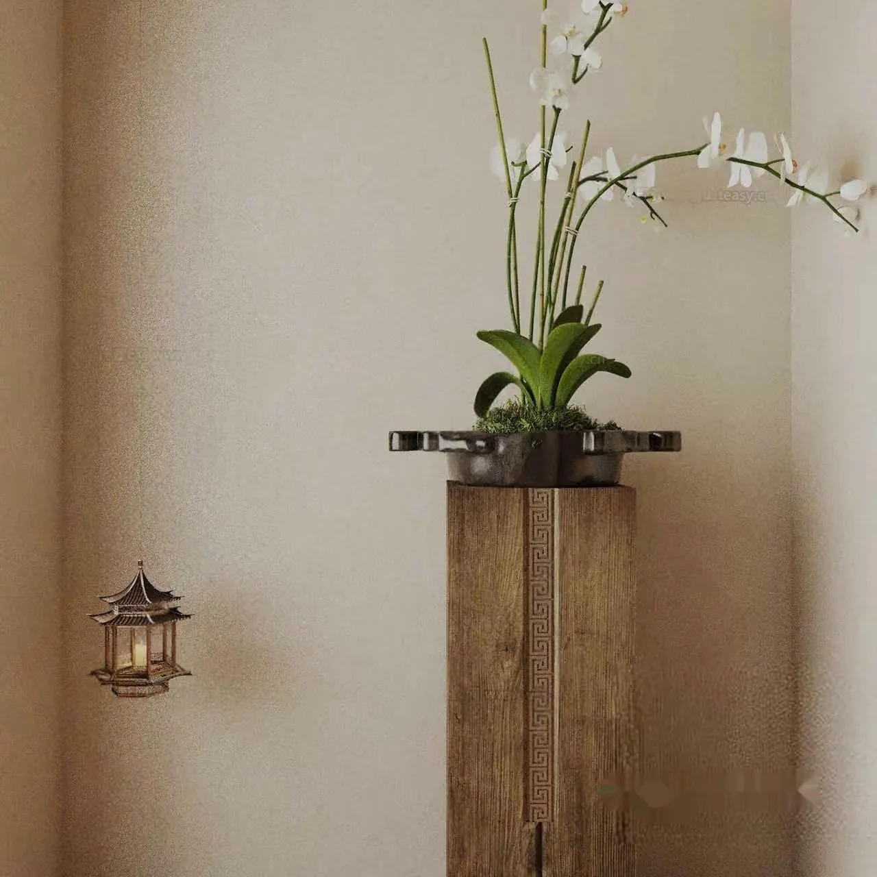 A Tall Wooden Plant Stand With A White Orchid 3D Model – 1523 – VRAY Render