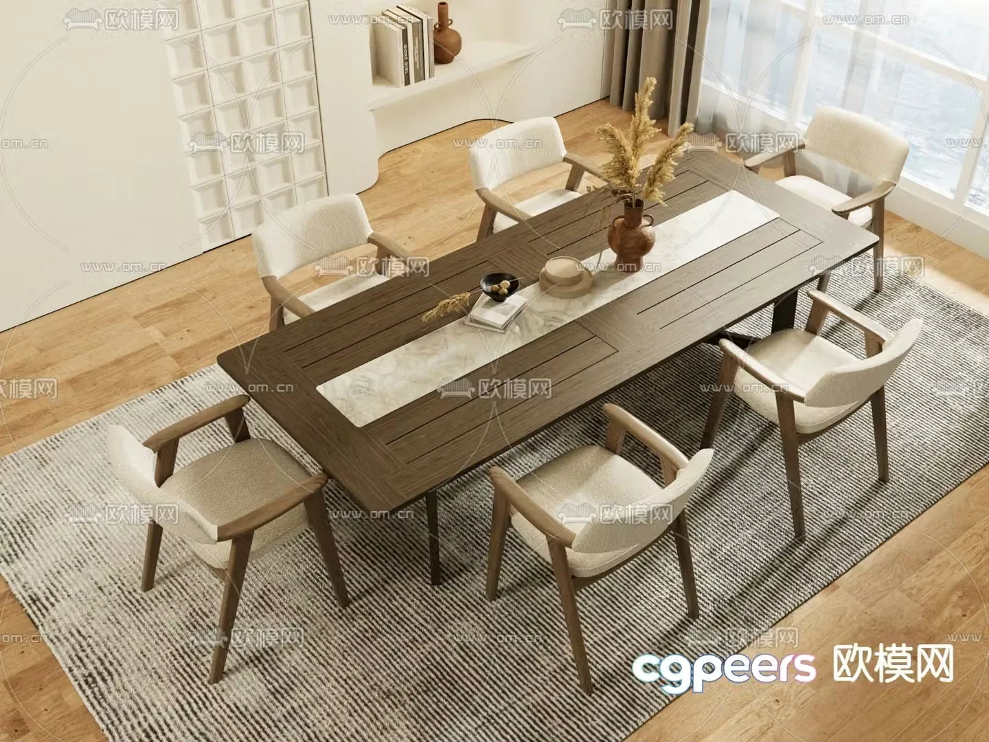 Wabi-sabi dining table and chairs strip dining table 3d model