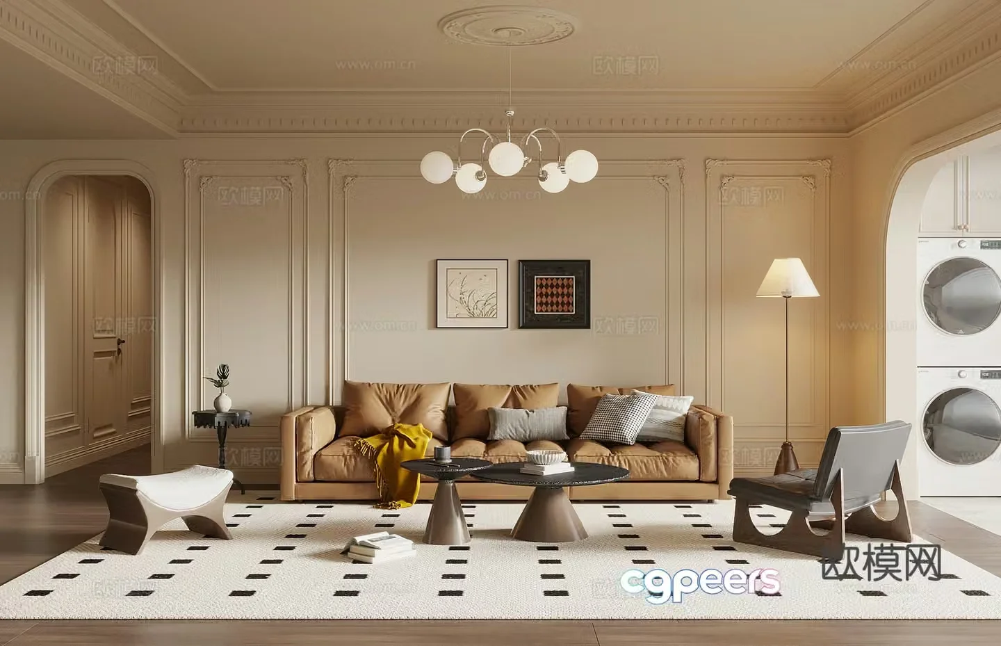 French retro style living room sofa coffee table combination 3D model